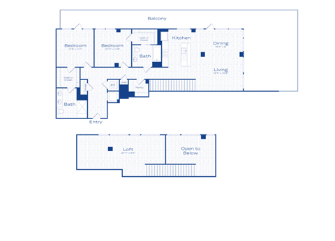 A floor plan of a building with labeled rooms such as Bedroom, Bath, Kitchen, Dining, Living, and Entry.